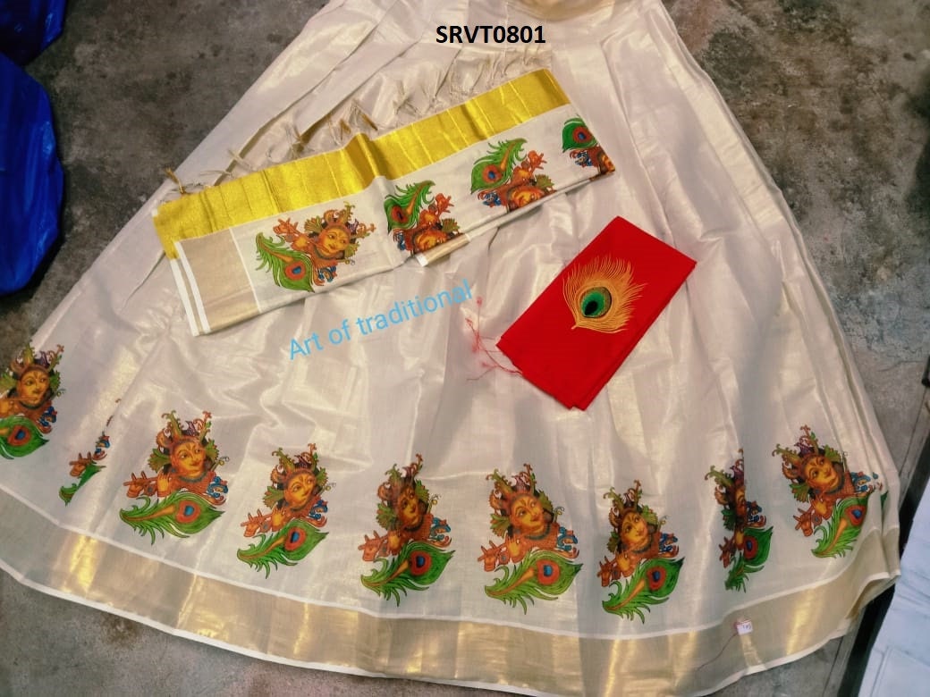 Kerala Tissue Mural Work Davani Skirt Stitched Free Size -with Blouse Material / Traditional Girls clothing / Handmade designs