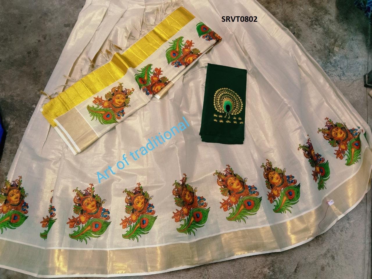 Kerala Tissue Mural Work Davani Skirt Stitched Free Size -with Blouse Material / Traditional Girls clothing / Handmade designs