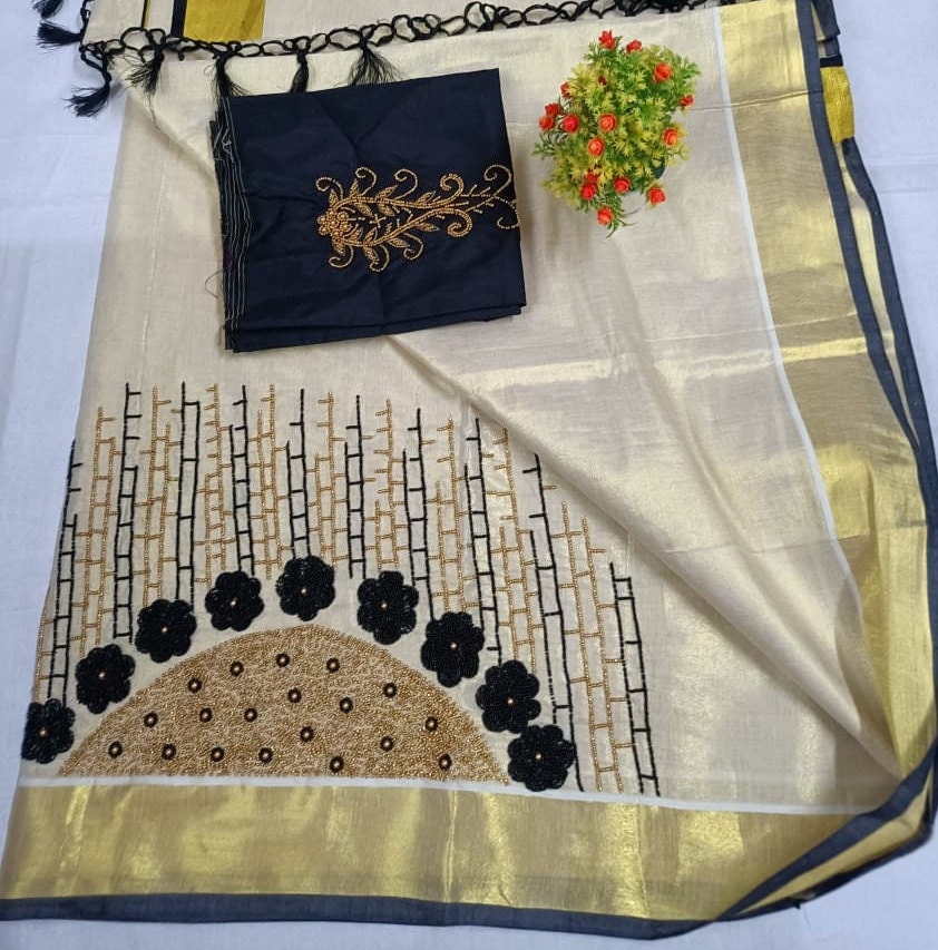 Kerala Traditional Tissue Kunjalam Big Handwork Set Saree with Stitched Blouse / Handmade Onam Vishu Special Dress, Kerala Saree