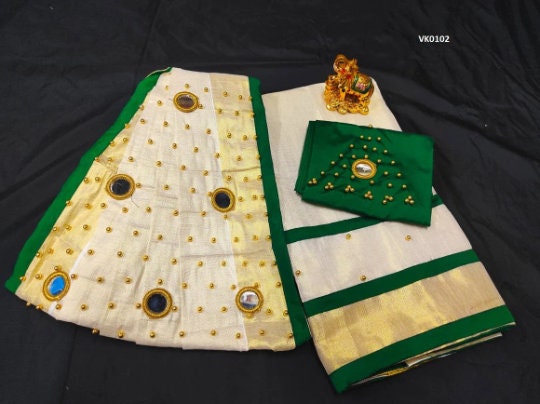 Onam Dress Kerala Davani Material 3 Pcs -  6 mirrors stitched on shawl / Traditional Girls clothing / Handmade designs /Half Saree