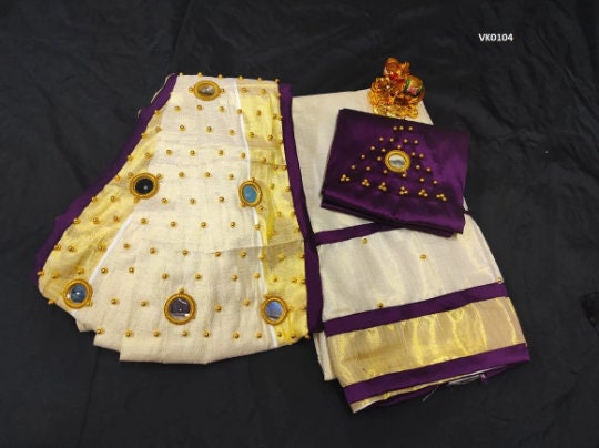 Onam Dress Kerala Davani Material 3 Pcs -  6 mirrors stitched on shawl / Traditional Girls clothing / Handmade designs /Half Saree