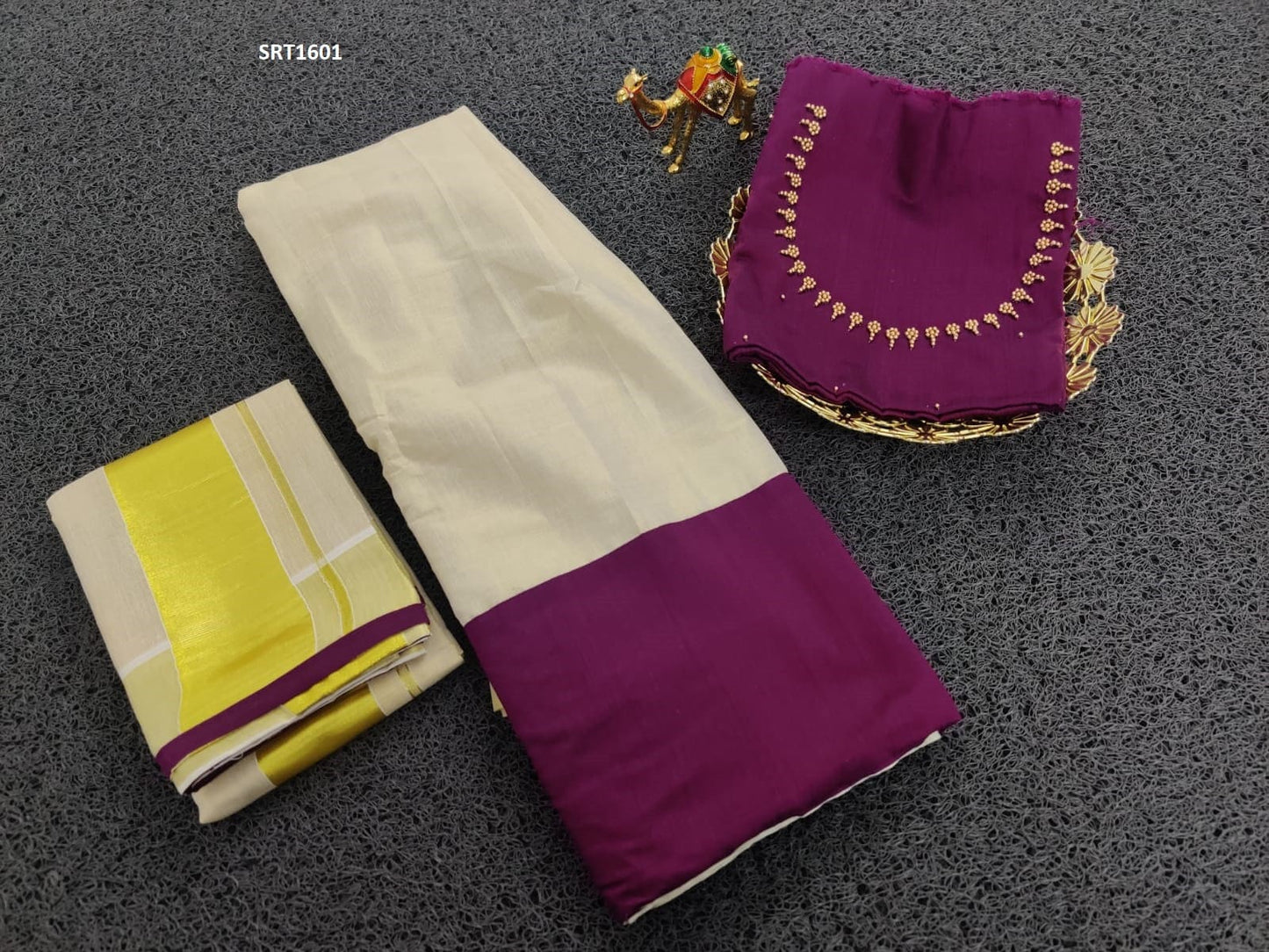 Kerala Golden Tissue Neck worked  Dhavani Lehanka Material ,Skirt stitched and  Blouse material or Stitched Blouse,Traditional, Christmas