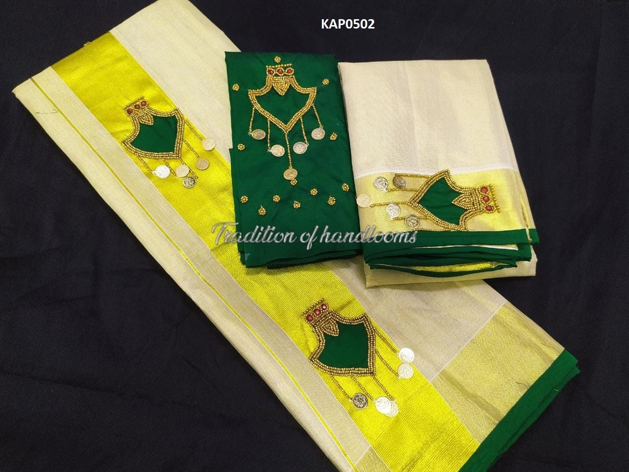 Kerala Lakshmi Coin Palakka Design Set Mundu with Stitched Blouse or  Blouse Material, Tissue Set Mundu,Handmade designs