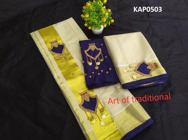 Kerala Lakshmi Coin Palakka Design Set Mundu with Stitched Blouse or  Blouse Material, Tissue Set Mundu,Handmade designs