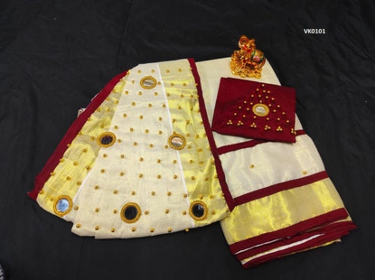 Onam Dress Kerala Davani Material 3 Pcs -  6 mirrors stitched on shawl / Traditional Girls clothing / Handmade designs /Half Saree