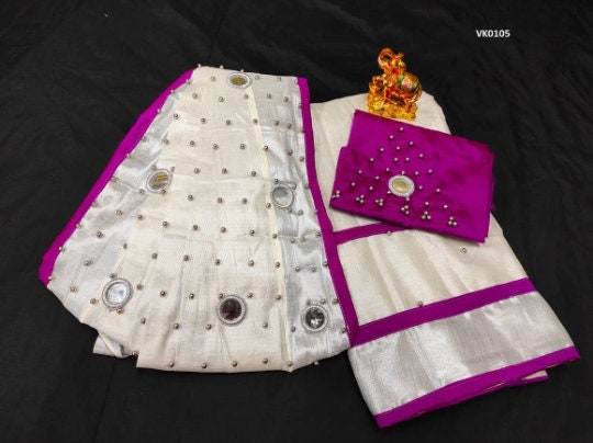 Onam Dress Kerala Davani Material 3 Pcs -  6 mirrors stitched on shawl / Traditional Girls clothing / Handmade designs /Half Saree