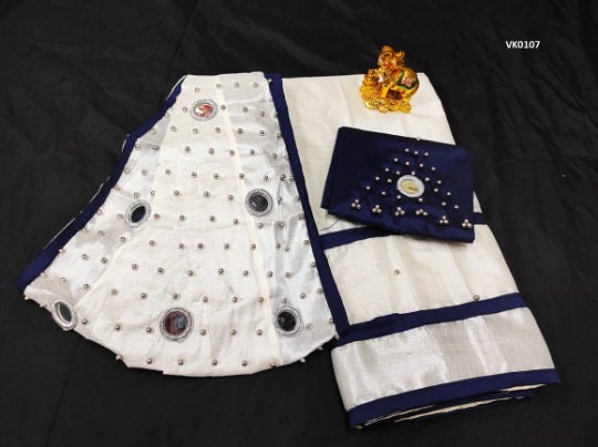 Onam Dress Kerala Davani Material 3 Pcs -  6 mirrors stitched on shawl / Traditional Girls clothing / Handmade designs /Half Saree