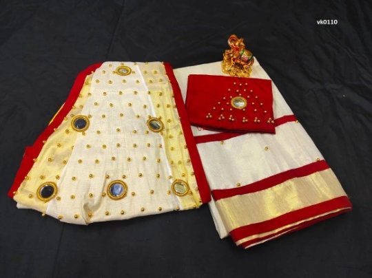 Onam Dress Kerala Davani Material 3 Pcs -  6 mirrors stitched on shawl / Traditional Girls clothing / Handmade designs /Half Saree