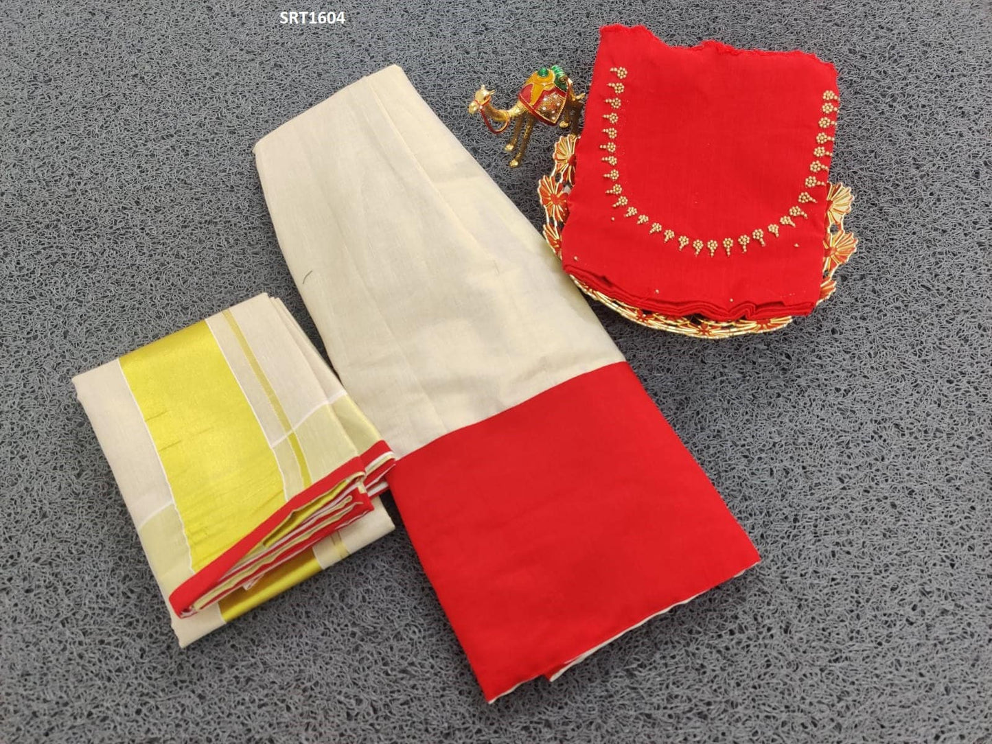 Kerala Golden Tissue Neck worked  Dhavani Lehanka Material ,Skirt stitched and  Blouse material or Stitched Blouse,Traditional, Christmas