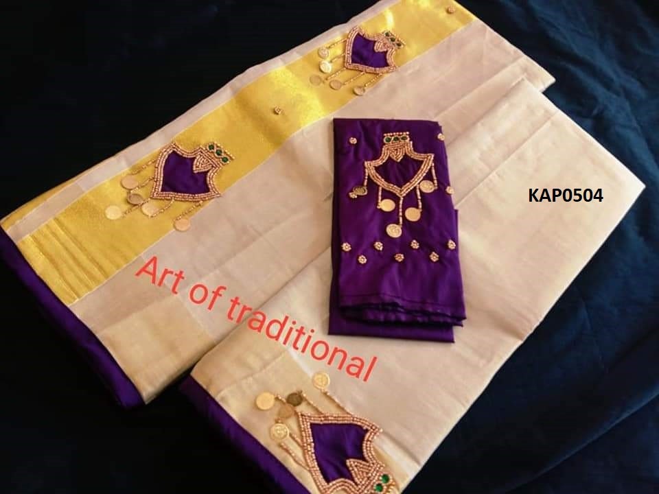 Kerala Lakshmi Coin Palakka Design Set Mundu with Stitched Blouse or  Blouse Material, Tissue Set Mundu,Handmade designs