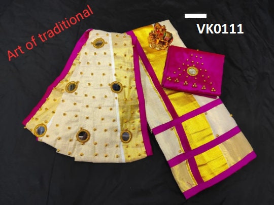 Onam Dress Kerala Davani Material 3 Pcs -  6 mirrors stitched on shawl / Traditional Girls clothing / Handmade designs /Half Saree