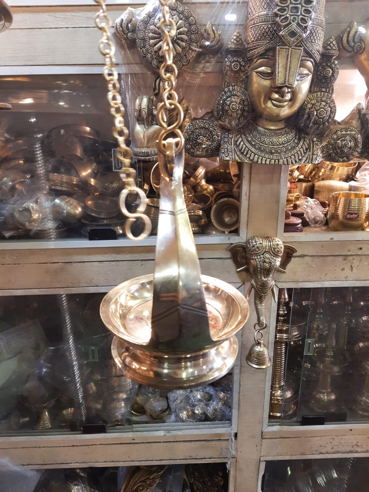 Bronze Kuthu Vilakku with 1 feet Brass Chain /Thongu Vilakku/Hanging  Diya, Kuthira  Vilakku, Horse Headed Oil Lamp for Temple & Pooja room