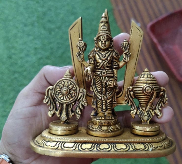 Brass Tirupati Balaji with Shank Chakra, 6 inch Height, Venkateshwara Idol,  Lord Vishnu Idol for Temple, Home