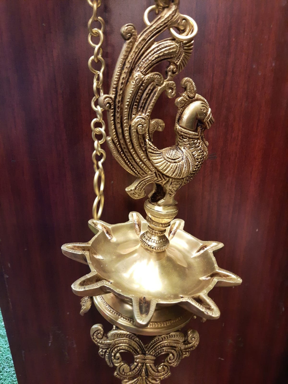 Brass Peacock  Thooku Vilakku with 1 feet Brass Chain /Thongu Vilakku/Hanging  Diya/ Kerala Traditional/  Vilakku for Temple, Pooja room use