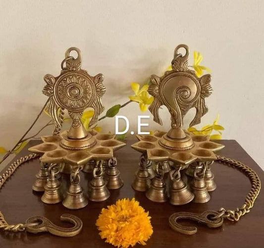 Pure brass hanging conch and chakra deepak pair with hanging bells,Hanging Lamp ,Handcrafted, Hanging diyas,Pooja,Indian Traditional