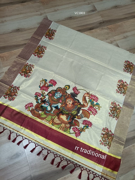 Kerala traditional big mural printed Tissue  Saree with stiched Blouse or non stiched blouse Material, Beautiful Kerala designs