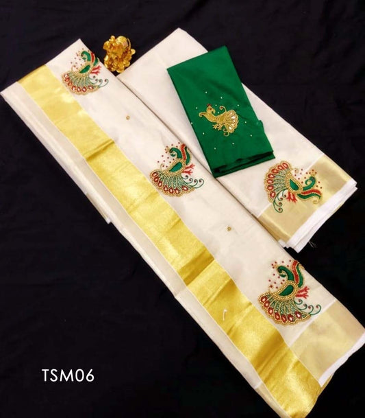 Kerala Tissue Set Mundu with Ready to wear Blouse or Blouse Material / Indian traditional women Vishu Onam festival clothing/ Hand design