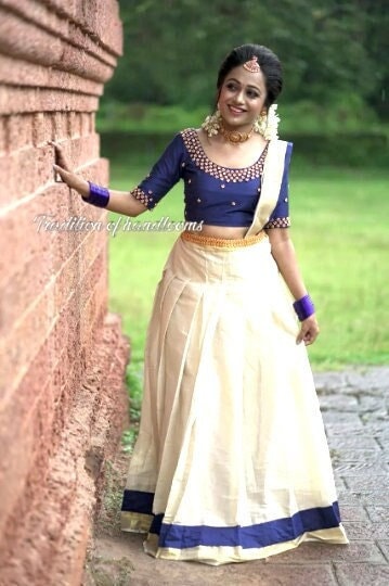 Kerala Golden Tissue Hand worked  Davani Material, Skirt stitched and Blouse material / Stitched Blouse, Onam, Vishu Wear, Dhavani, Lehanka