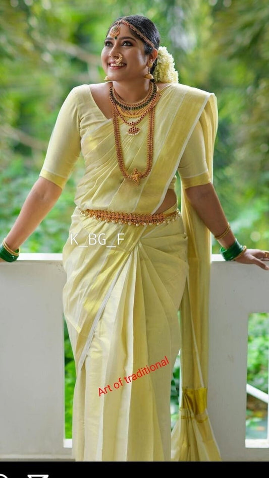 Kerala Traditional Pure Golden Zari Shade Tissue Saree with Stitched Blouse /Handmade designs /Indian traditional/Onam, Vishu, Festival wear