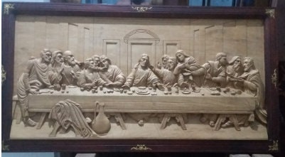 Last Supper Wooden Carving, wall art,the scene of the Last Supper of Jesus with the Twelve Apostles, Religious home decor art Wall panel