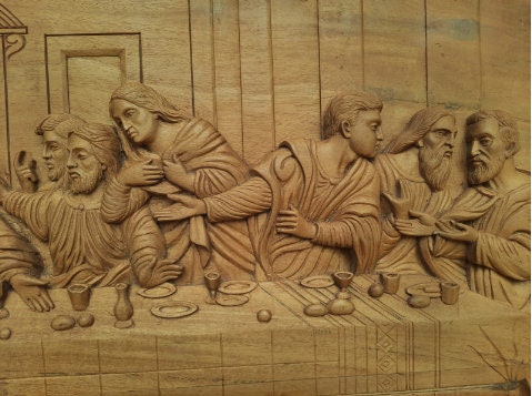 Last Supper Wooden Carving, wall art,the scene of the Last Supper of Jesus with the Twelve Apostles, Religious home decor art Wall panel