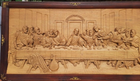 Last Supper Wooden Carving, wall art,the scene of the Last Supper of Jesus with the Twelve Apostles, Religious home decor art Wall panel