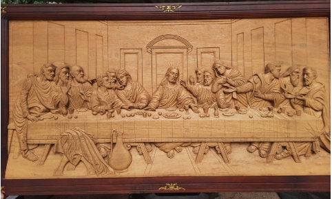 Last Supper Wooden Carving, wall art,the scene of the Last Supper of Jesus with the Twelve Apostles, Religious home decor art Wall panel