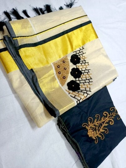 Kerala Traditional Tissue Kunjalam Big Handwork Set Saree with Stitched Blouse / Handmade Onam Vishu Special Dress, Kerala Saree