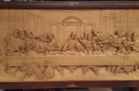 Last Supper Wooden Carving, wall art,the scene of the Last Supper of Jesus with the Twelve Apostles, Religious home decor art Wall panel