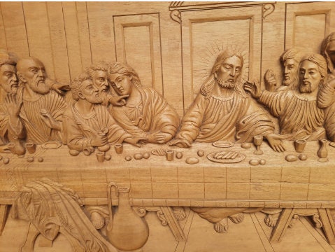 Last Supper Wooden Carving, wall art,the scene of the Last Supper of Jesus with the Twelve Apostles, Religious home decor art Wall panel