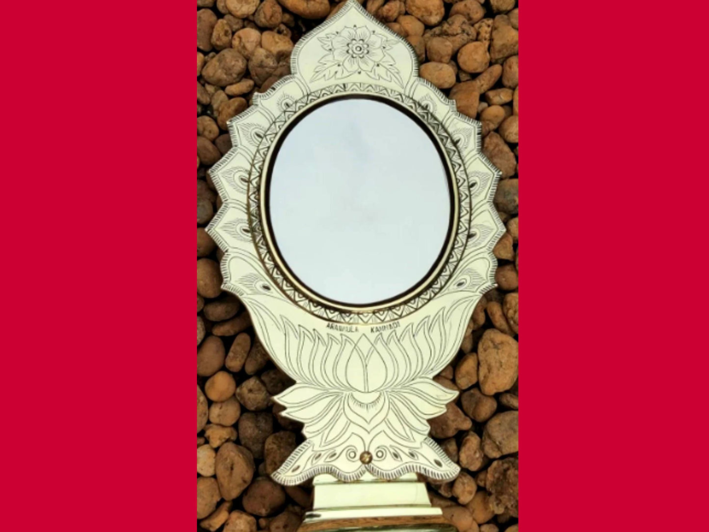 Original Aranmula metal mirror with hologram,Handmade  Aaranmula Kannadi , Stand Model Traditional Lotus punched Oval shape Surface mirror