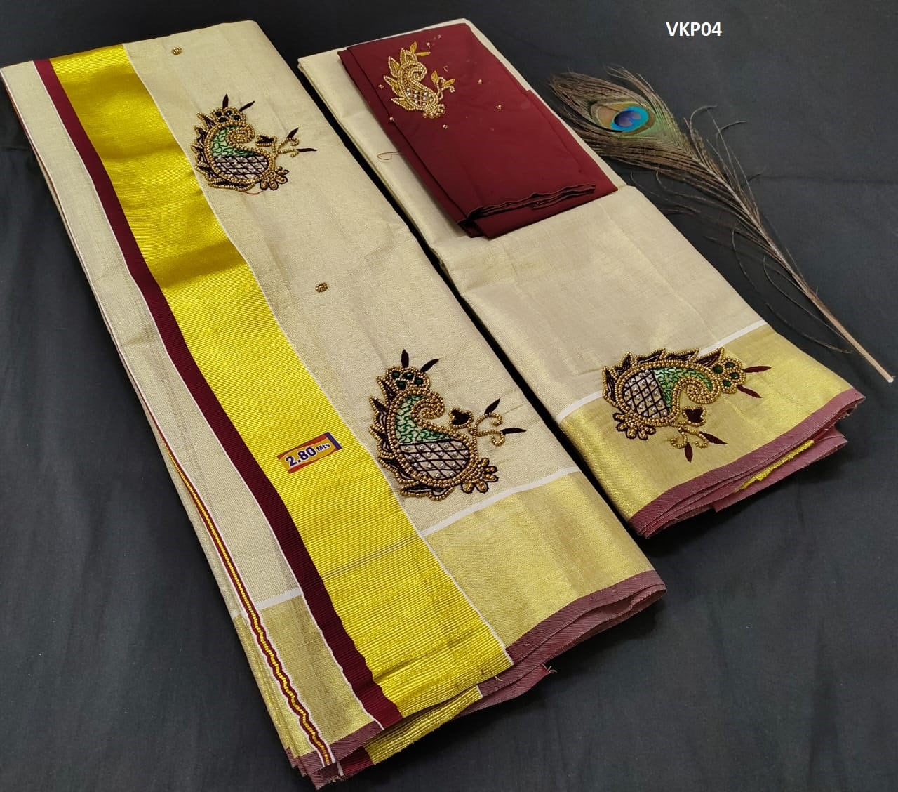 Premium Quality Kerala Golden Tissue Set Mundu with Blouse Material  / Indian traditional women clothing/ Handmade designs/Vishu Onam wear