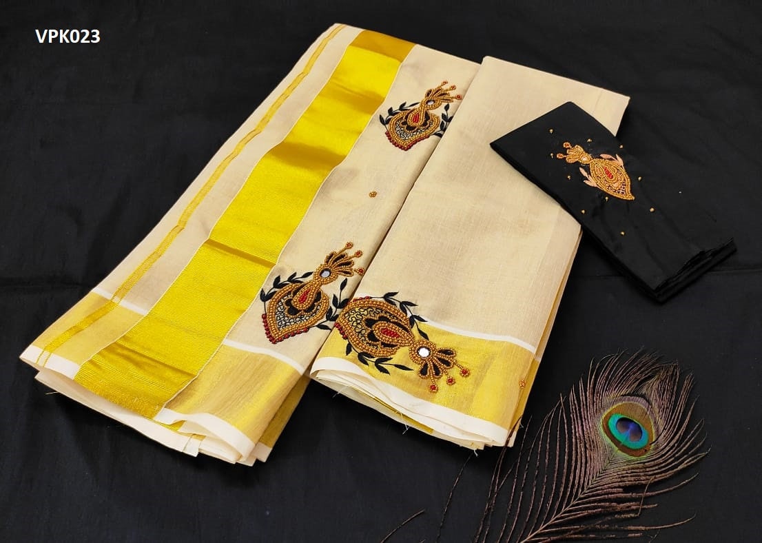 Premium Quality Kerala Golden Tissue Set Mundu with Blouse Material  / Indian traditional women clothing/ Handmade designs/Vishu Onam wear