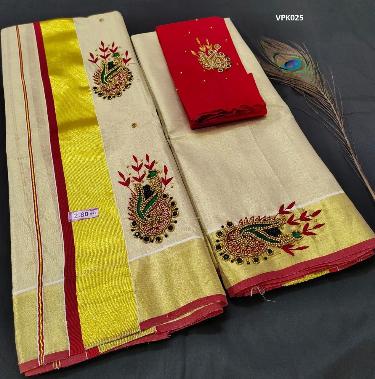 Premium Quality Kerala Golden Tissue Set Mundu with Blouse Material  / Indian traditional women clothing/ Handmade designs/Vishu Onam wear