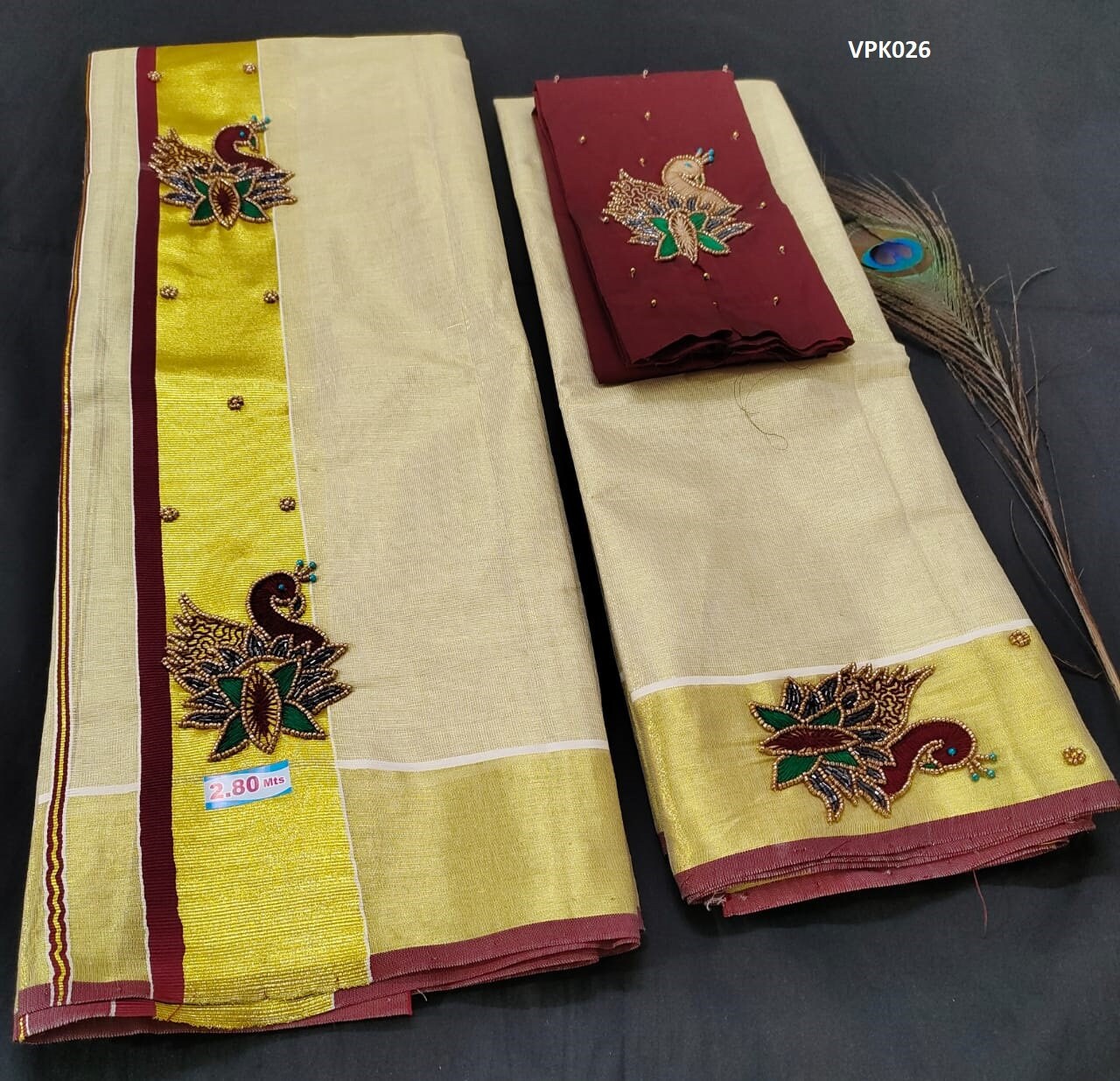 Premium Quality Kerala Golden Tissue Set Mundu with Blouse Material  / Indian traditional women clothing/ Handmade designs/Vishu Onam wear