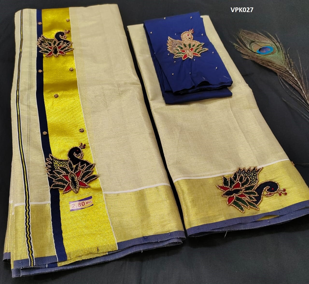 Premium Quality Kerala Golden Tissue Set Mundu with Blouse Material  / Indian traditional women clothing/ Handmade designs/Vishu Onam wear