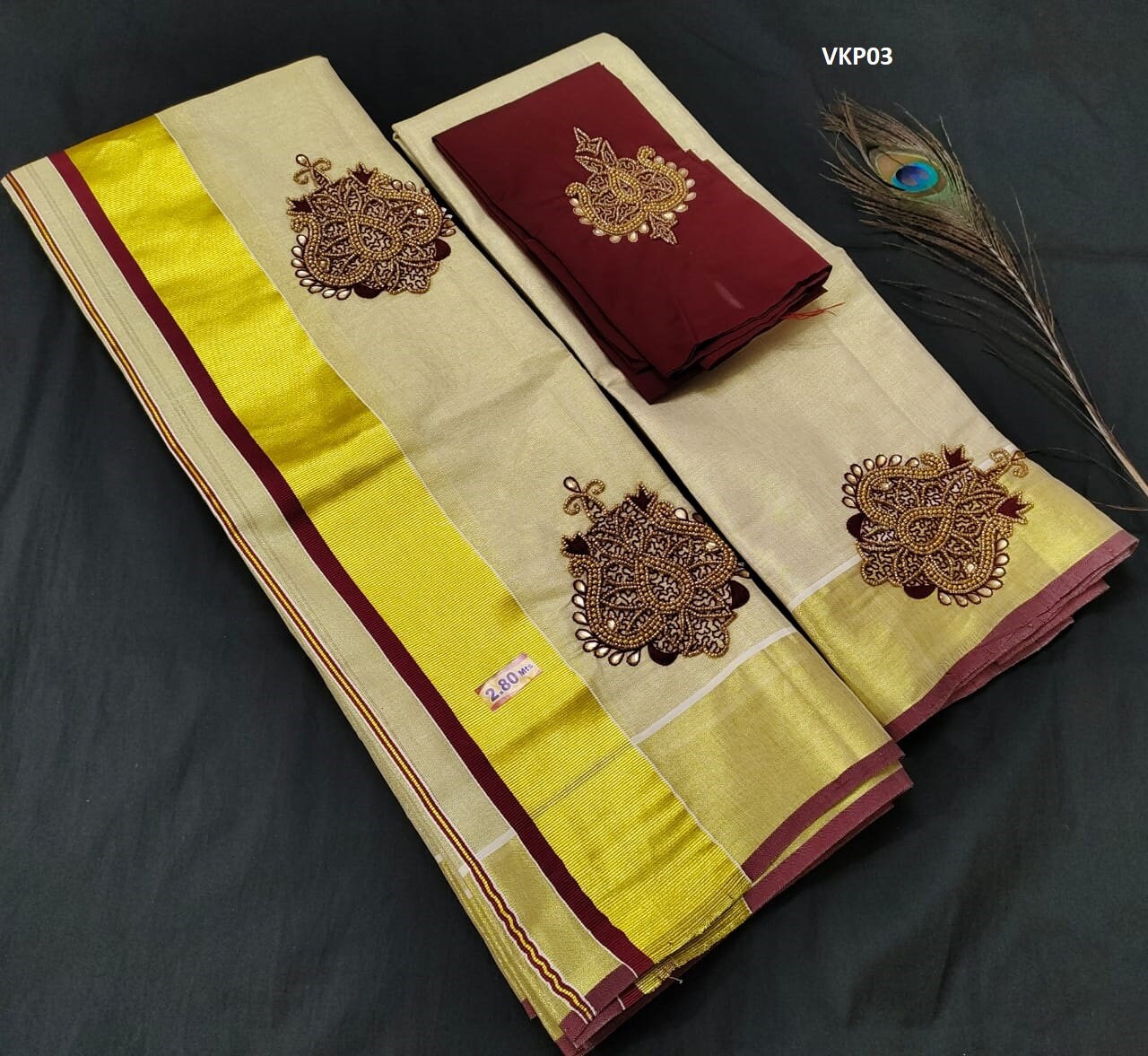 Premium Quality Kerala Golden Tissue Set Mundu with Blouse Material  / Indian traditional women clothing/ Handmade designs/Vishu Onam wear