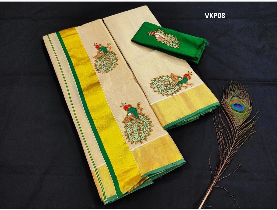 Premium Quality Kerala Golden Tissue Set Mundu with Blouse Material  / Indian traditional women clothing/ Handmade designs/Vishu Onam wear