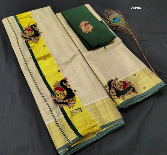 Premium Quality Kerala Golden Tissue Set Mundu with Blouse Material  / Indian traditional women clothing/ Handmade designs/Vishu Onam wear