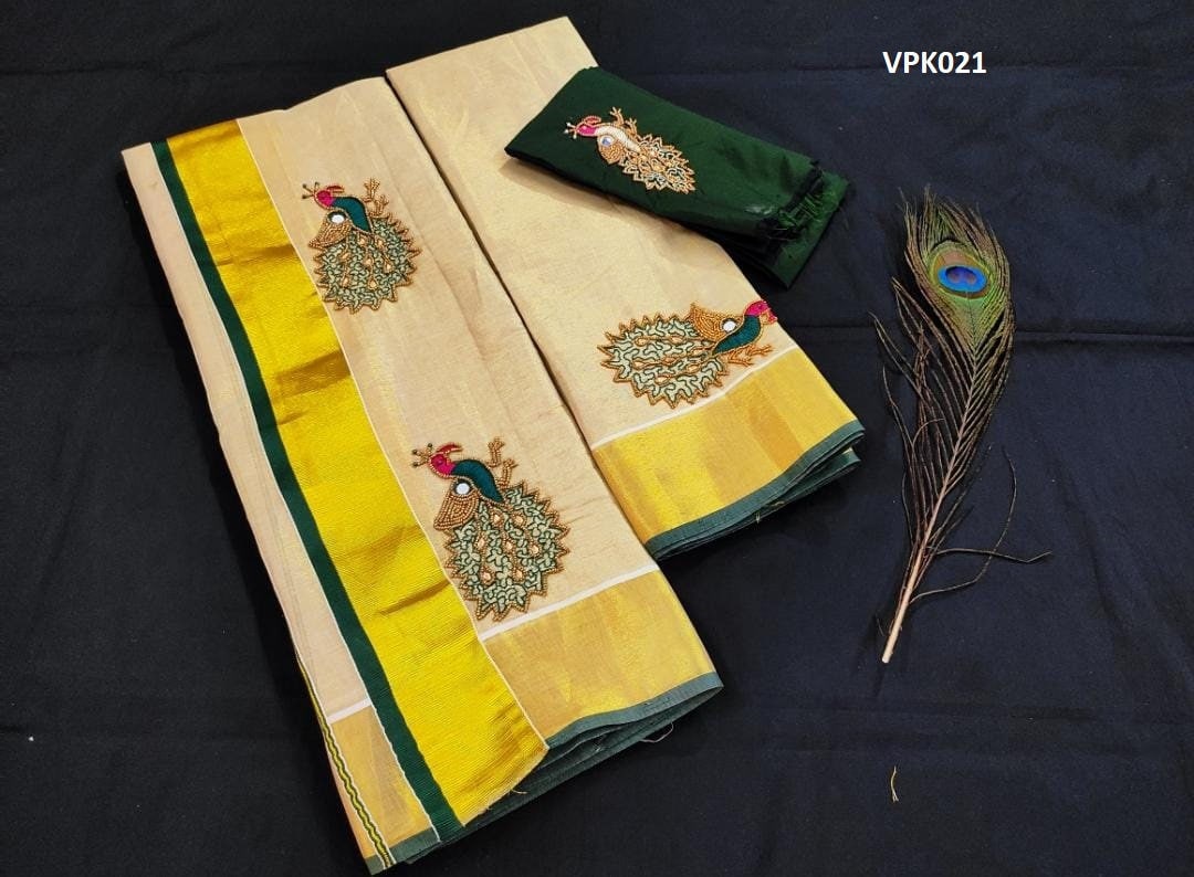 Premium Quality Kerala Golden Tissue Set Mundu with Blouse Material  / Indian traditional women clothing/ Handmade designs/Vishu Onam wear