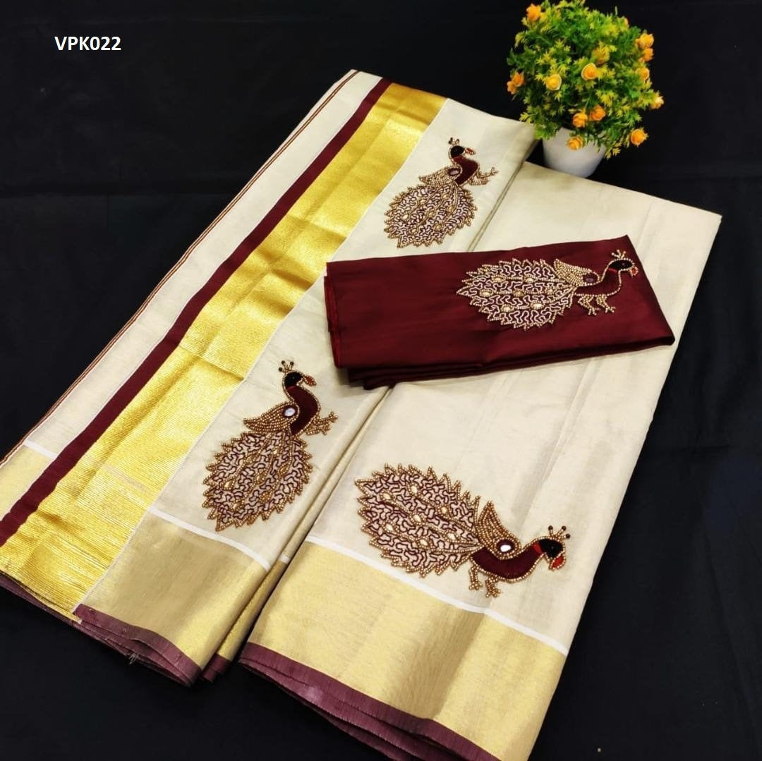 Premium Quality Kerala Golden Tissue Set Mundu with Blouse Material  / Indian traditional women clothing/ Handmade designs/Vishu Onam wear