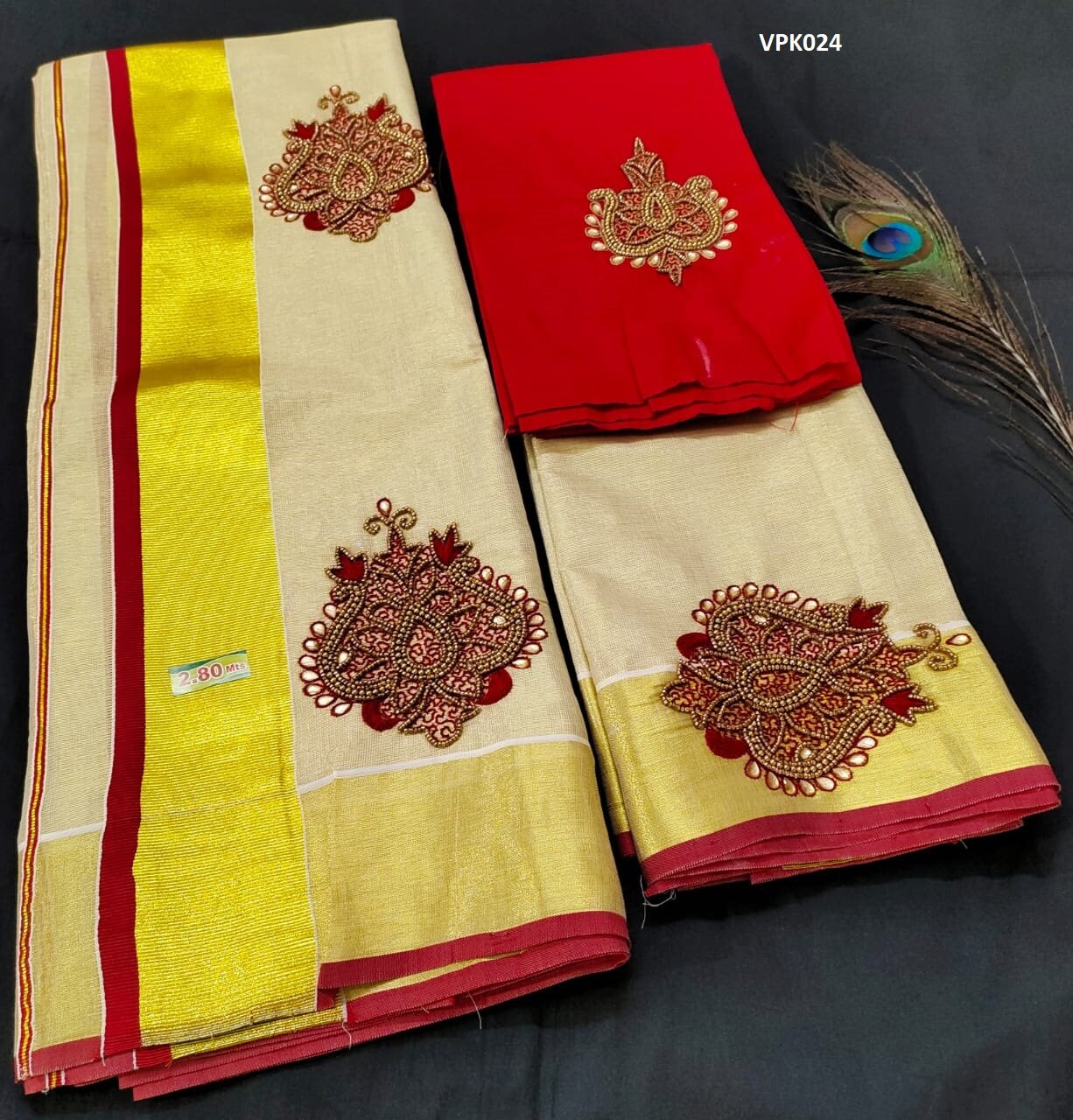 Premium Quality Kerala Golden Tissue Set Mundu with Blouse Material  / Indian traditional women clothing/ Handmade designs/Vishu Onam wear