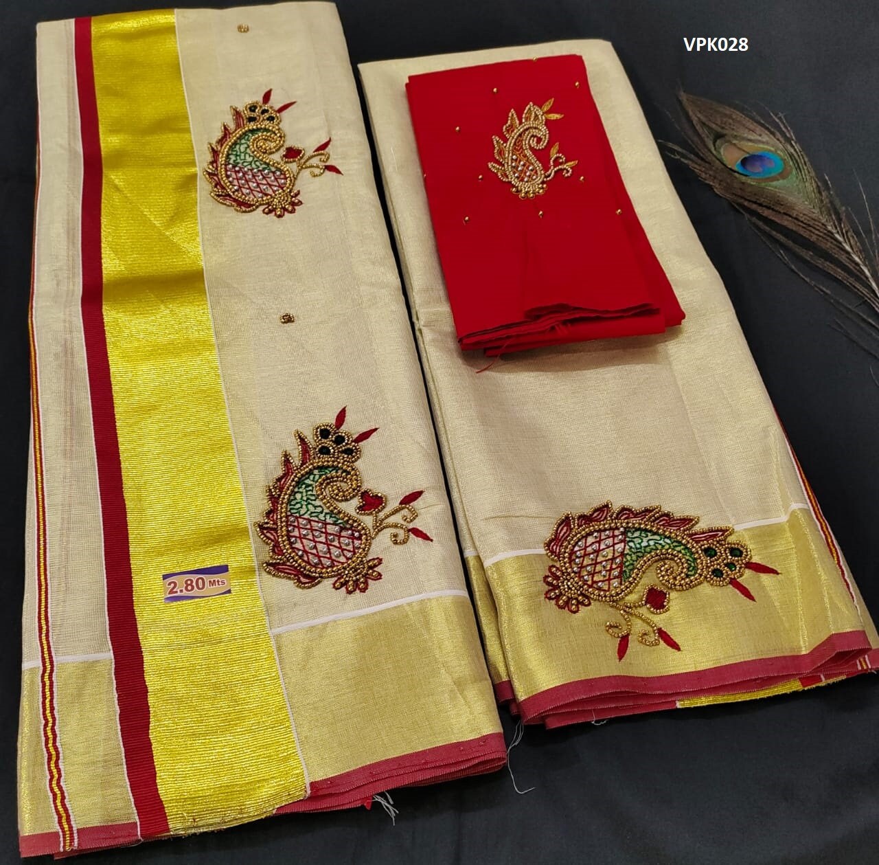 Premium Quality Kerala Golden Tissue Set Mundu with Blouse Material  / Indian traditional women clothing/ Handmade designs/Vishu Onam wear