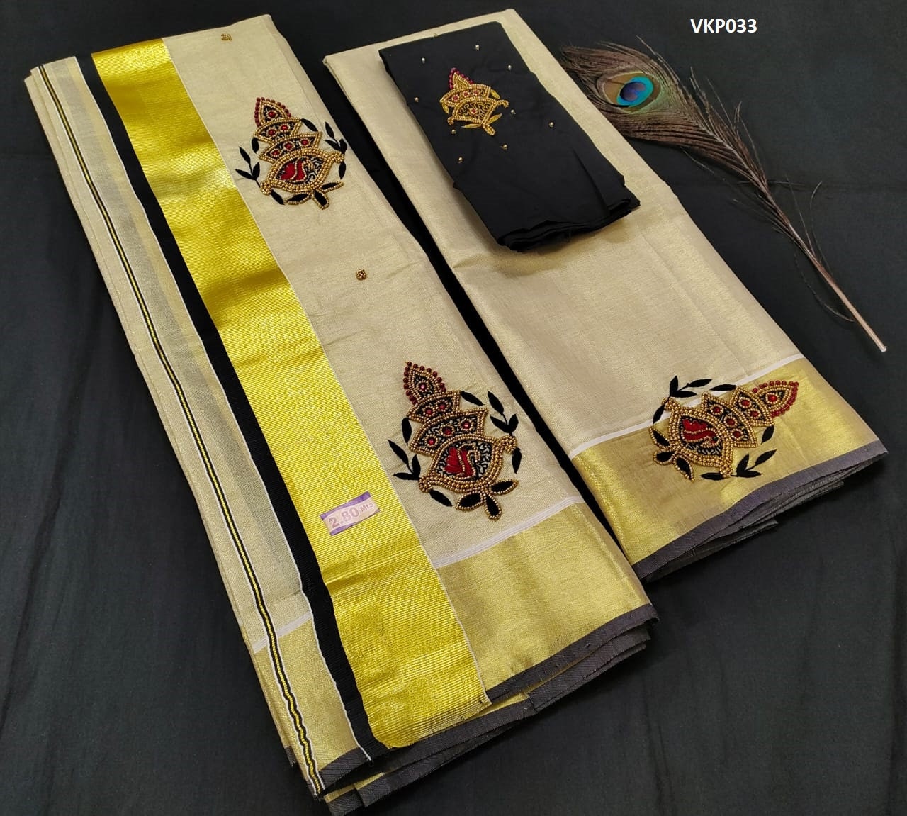 Premium Quality Kerala Golden Tissue Set Mundu with Blouse Material  / Indian traditional women clothing/ Handmade designs/Vishu Onam wear