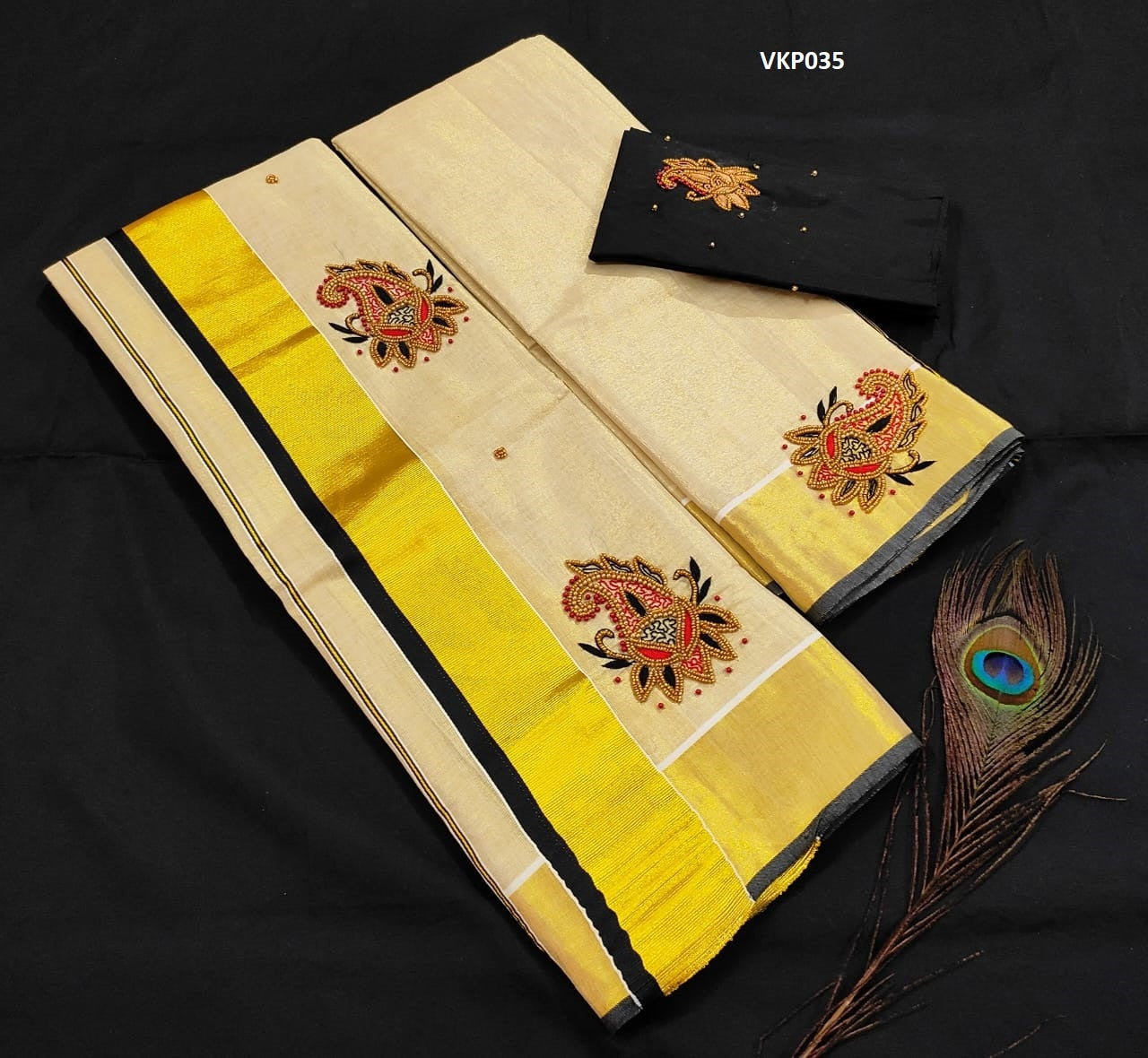 Premium Quality Kerala Golden Tissue Set Mundu with Blouse Material  / Indian traditional women clothing/ Handmade designs/Vishu Onam wear