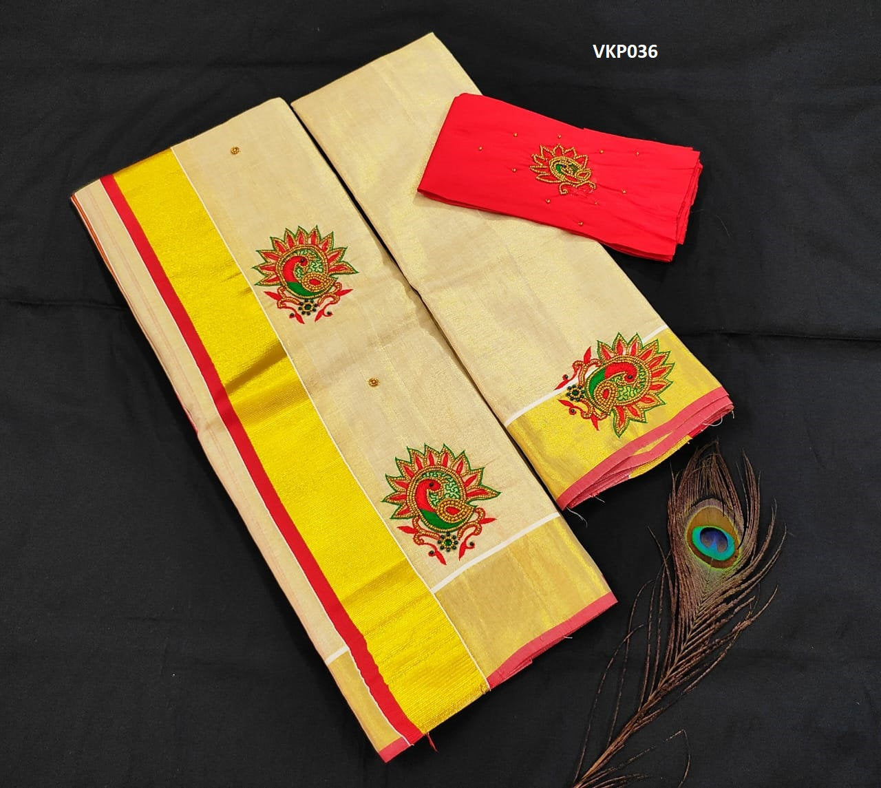 Premium Quality Kerala Golden Tissue Set Mundu with Blouse Material  / Indian traditional women clothing/ Handmade designs/Vishu Onam wear