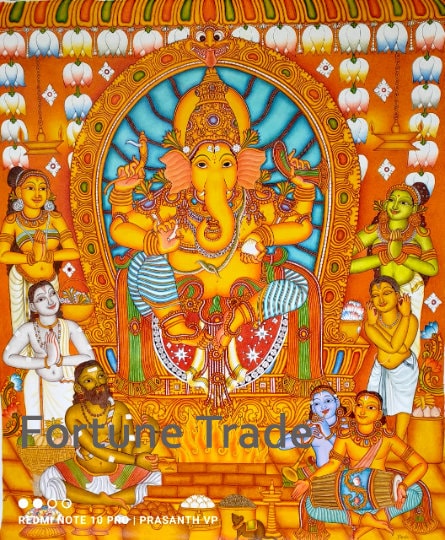 Kerala Original  Mural Painting Ganesh Pooja  Artwork, Canvas Rolled, Wall Decor