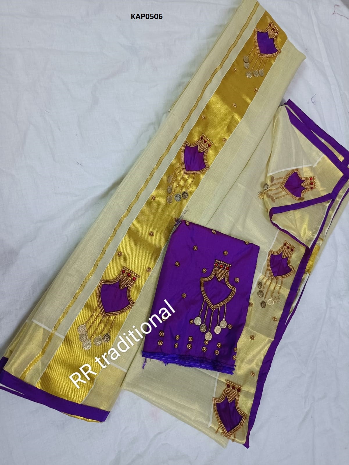 Kerala Lakshmi Coin Palakka Design Set Mundu with Stitched Blouse or  Blouse Material, Tissue Set Mundu,Handmade designs