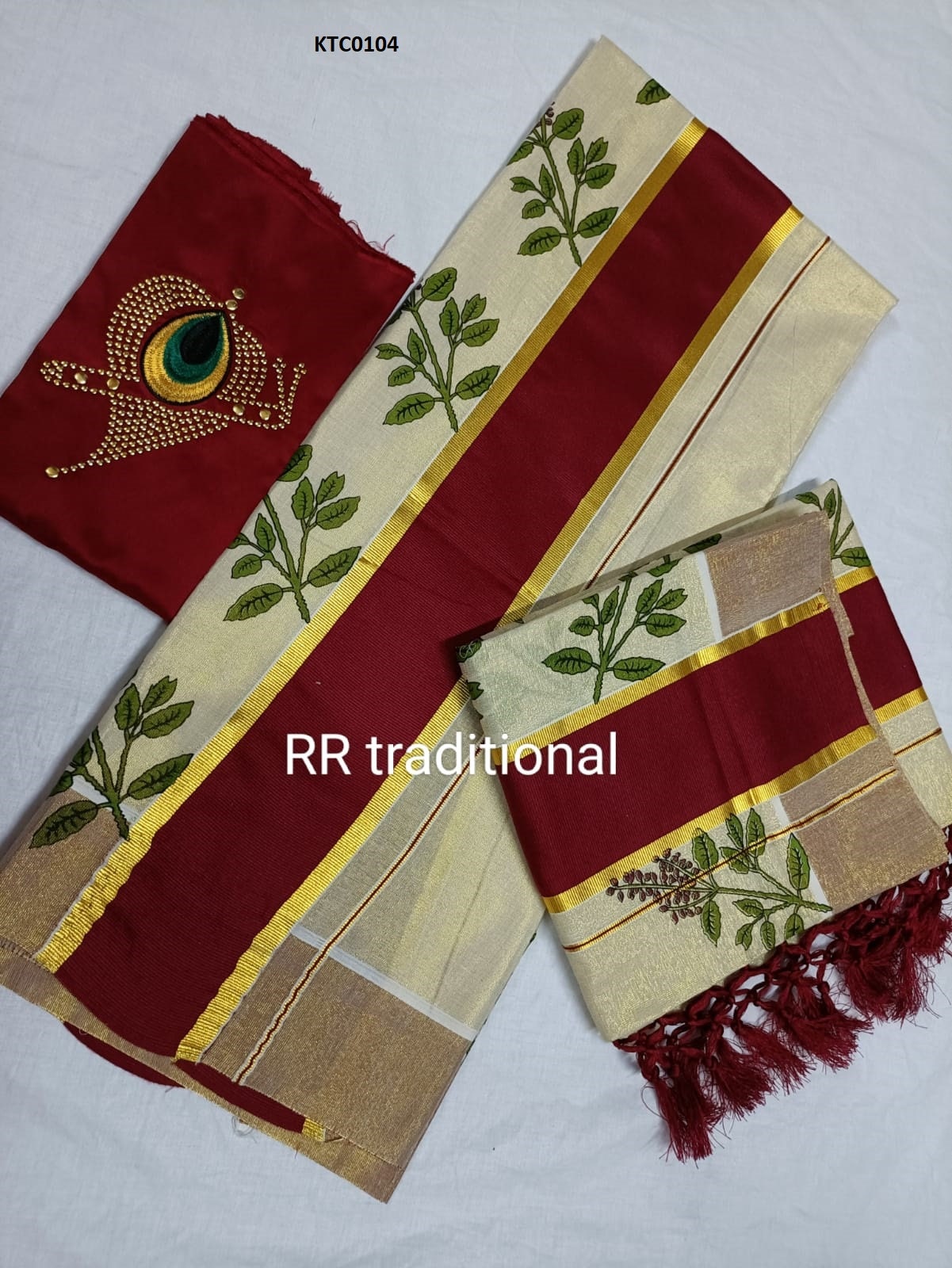 Kerala Traditional Golden Tissue Tulsi printed  Set Mundu with stitched Blouse, Handmade designs /Indian traditional, Vishu , Onam Set Mundu