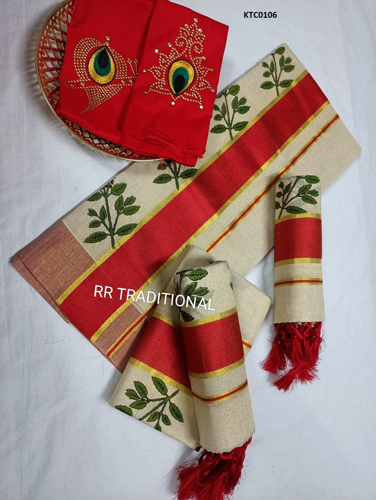 Kerala Traditional Golden Tissue Tulsi printed  Set Mundu with stitched Blouse, Handmade designs /Indian traditional, Vishu , Onam Set Mundu